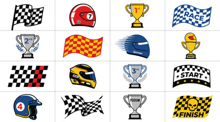 Fototapeta premium Collection of Racing Themed Graphics Helmets Flags and Trophies