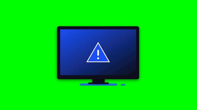 Flat Desktop Monitor Animation Displaying Warning Alert Icon on Blue Screen Over Green Background