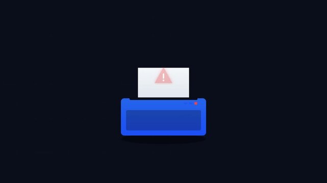 Flat Vector Animation of a Blue Office Printer Experiencing a Technical Error on Dark Background