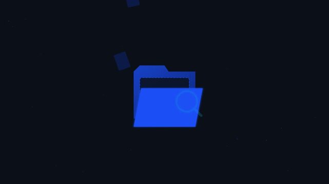 Abstract Motion Graphics of Blue Digital Folder Icon with Floating Documents and Search Magnifying Glass