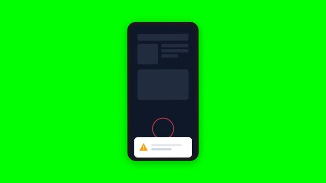 Animated Smartphone Screen with Warning Notification Alert Box Isolated on Green Screen Background
