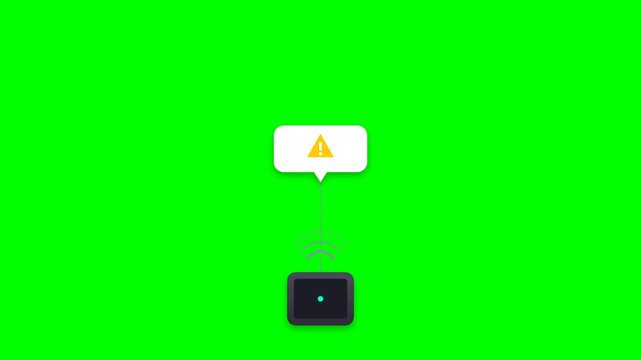 Smart home security sensor alert notification with warning exclamation mark icon on green screen