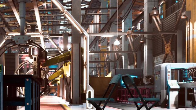 A spacious factory shows various machines lined up in organized rows. Bright lights shine down as an empty chair sits in the center. People are likely working nearby.