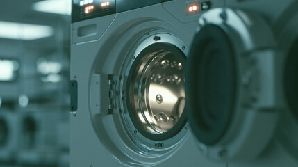 Fototapeta premium Industrial washing machine interior stainless steel drum laundry equipment open door modern appliance clean metal teal light machinery detail commercial laundry futuristic industrial laundry room