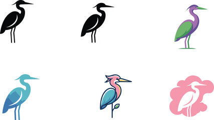 Naklejka premium Heron crane bird logo design icons set with silhouette and colorful vector line illustrations