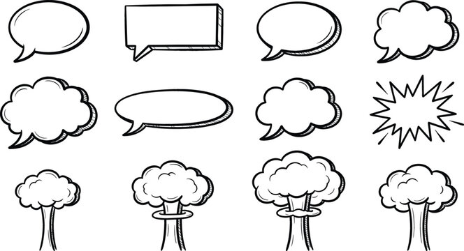 Hand drawn comic speech bubble set with chat clouds explosion elements and mushroom clouds.