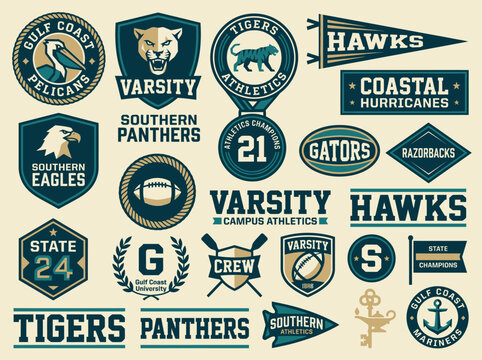 Collegiate Varsity Mascot Badge Collection &mdash; Gulf Coast Pelicans Tigers Panthers Eagles Gators Hawks Crew Mariners University Sports Apparel Graphic Design Set for Merch Branding