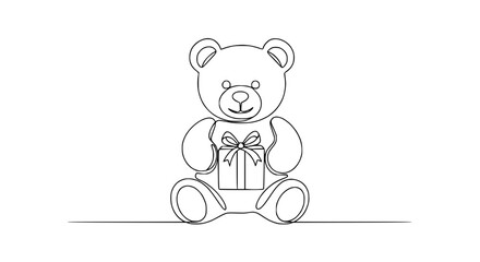 Fototapeta premium Continuous Line Art Teddy Bear Holding Gift Box Isolated Transparent Background