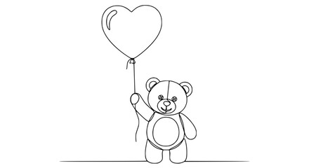 Fototapeta premium Cute teddy bear holding heart balloon, continuous line art, isolated on transparent background