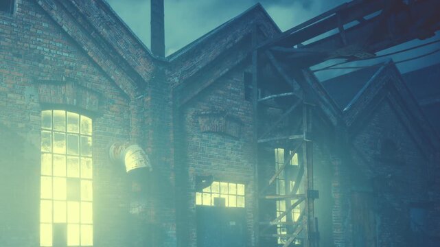 A brick industrial building stands with broken windows. Fog surrounds the area, and part of the structure shows damage. The scene appears in the late evening, creating a mysterious mood.