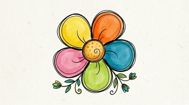 Playful Hand Drawn Floral Motif with Five Rounded Petals and a Dark Outlined Border Characterizing Optimism and Renewal cartoon flower bloom outline hand-drawn botanical petal plant graphic