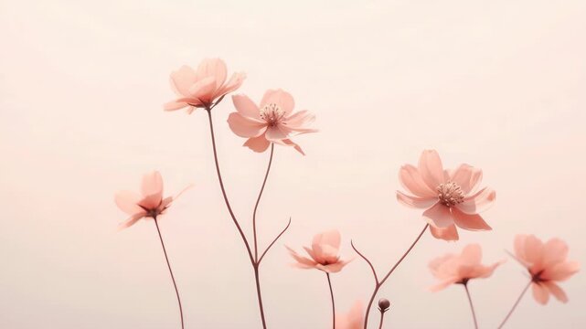 Soft-focus video still of delicate pink flowers against a pale background, captured from a low angle, creating a serene and dreamy atmosphere. Live desktop wallpaper.