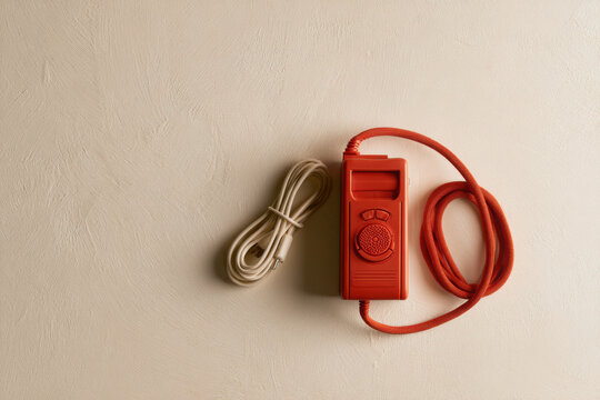 Red portable emergency radio with coiled cord and charging cable arranged on a neutral textured background with ample copy space for preparedness concepts.