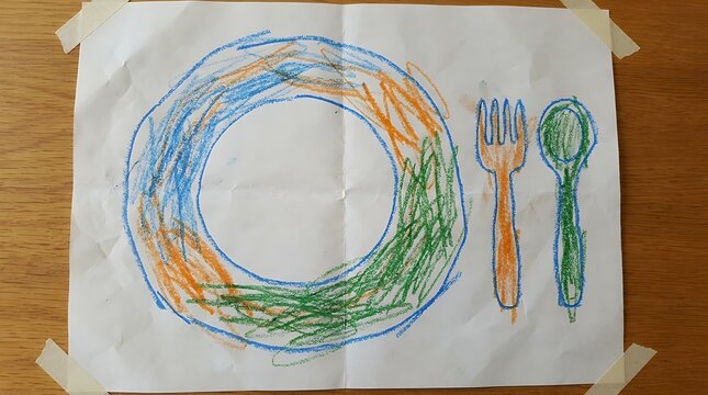A whimsical hand drawn dining dish with sketchy crayon texture featuring a blank central platter paired with a matching fork and spoon outline plate dish crayon scribble texture hand-drawn sketch