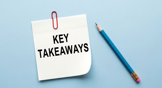 Key takeaways text on a note pad with red paperclip and pencil