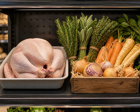 Retail shelf display with raw turkey in baking tray, fresh herbs, root vegetables in wooden crate, grocery theme