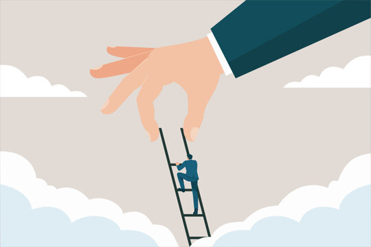 Giant hand supporting ladder for businessman climbing above clouds. Vector illustration for mentorship, business support, and success.