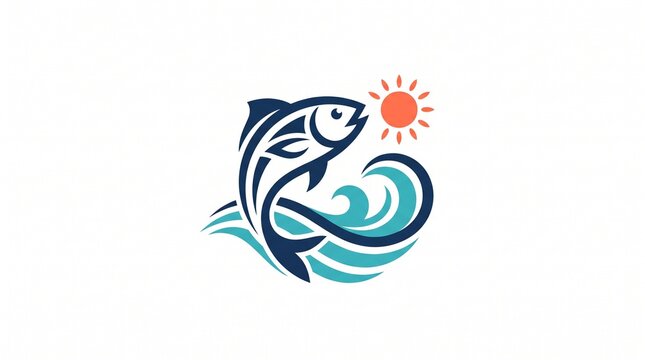 Fishing vector logo with sea waves