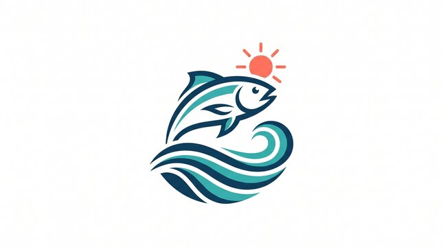 Jumping fish ocean wave logo design