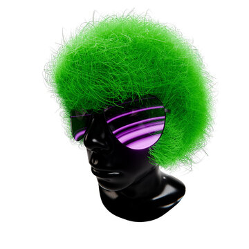 3d mannequin head with colourful afro hairstyle and glasses, transparent background