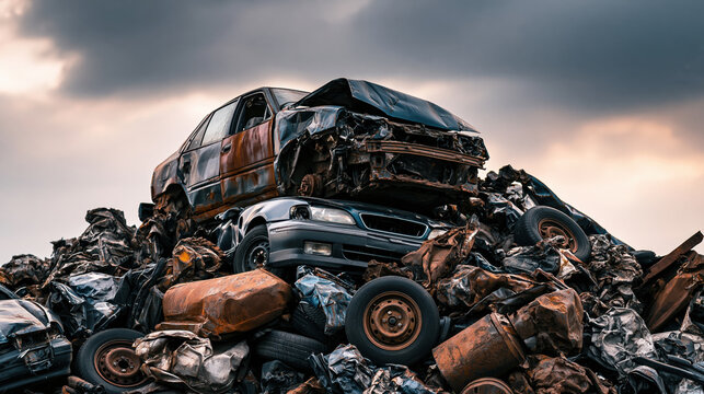Abandoned junkyard with crushed rusty car scrap metal pile under dramatic sky
