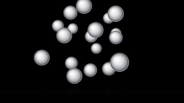 Abstract white spheres bouncing and colliding on dark background in dynamic 3D motion concept.