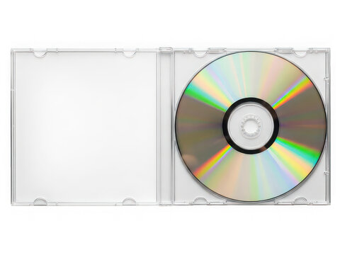 Open plastic cd case with shiny disc inside isolated on transparent background.