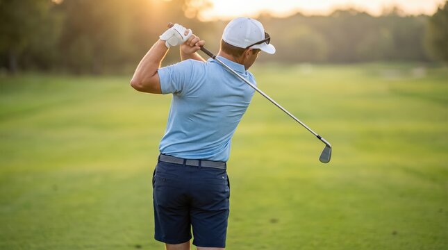 Man Swinging Golf Club on Golf Course at Sunset
