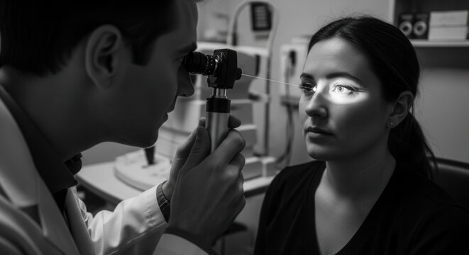 Ophthalmologist examines patient's eye with ophthalmoscope in clinic, focusing on vision health and eye care.