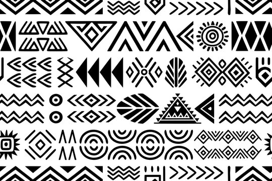 Seamless ethnic pattern, hand-drawn ethnic geometric elements, African or Indian style tribal pattern, isolated on white background, vector print