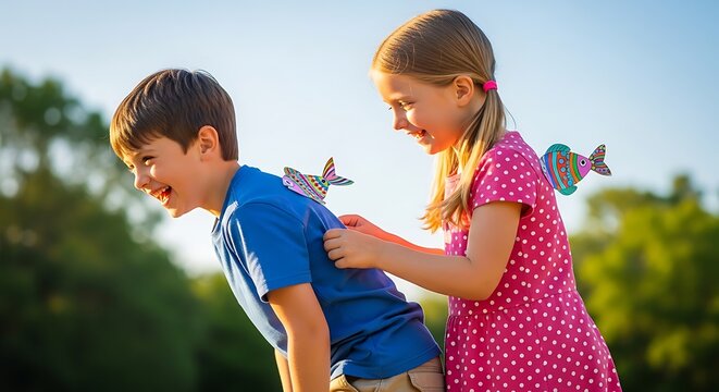Two laughing children with colorful paper fish taped on their backs