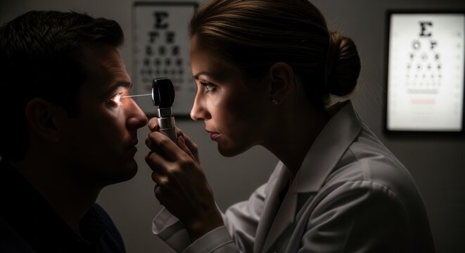Ophthalmologist examining patient's eye with ophthalmoscope during vision test, eye chart in background.