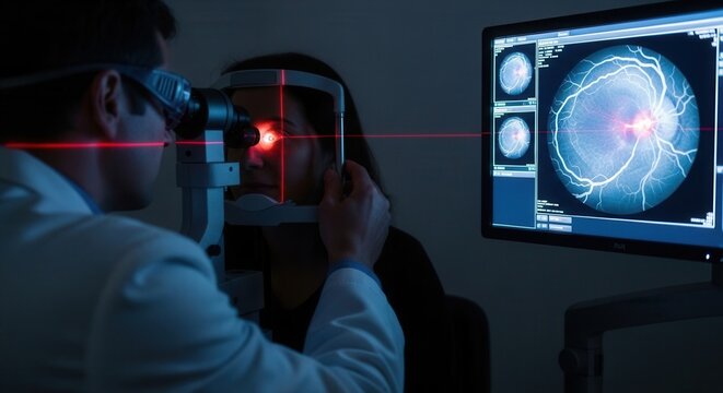 Ophthalmologist examining patient's eye with slit lamp and displaying retinal scan on computer screen