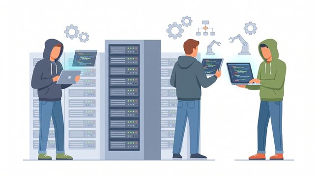 Team of programmers working on servers in a data center.