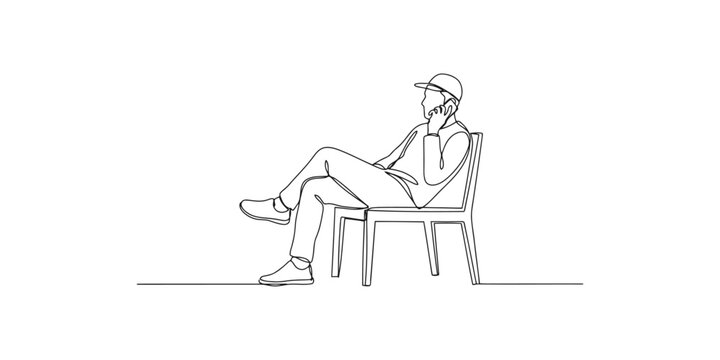 A man sitting on a chair talking on his mobile phone drawn in a continuous single line art style