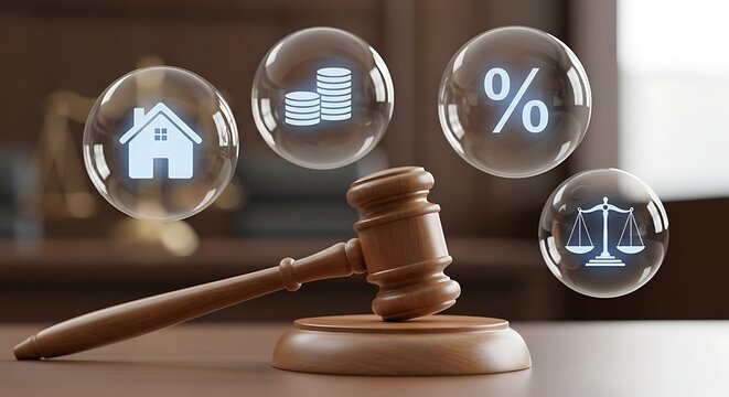 Wooden gavel and various monochrome legal financial icons in bubbles