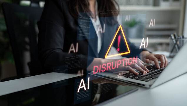 Disruption warning future of work, featuring AI agents replacing human jobs. Represents labor unemployment, corporate automation cost shift, and need for new career reskilling and upskilling. Corpus