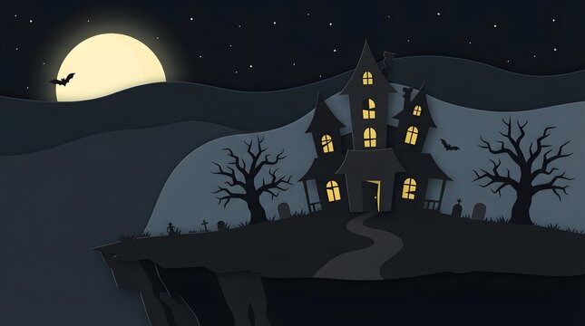 Spooky haunted house standing on a hill under a large full moon in a dark night sky