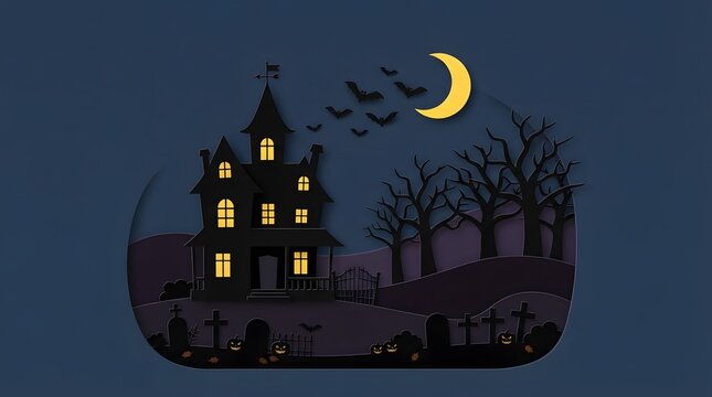 Pixel art illustration of a spooky haunted house with a crescent moon and bats on a dark background