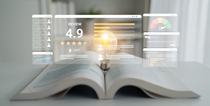 An open book features a glowing light bulb, surrounded by virtual review and rating elements to symbolize modern learning, data analytics, and user feedback in educational contexts. Ledger