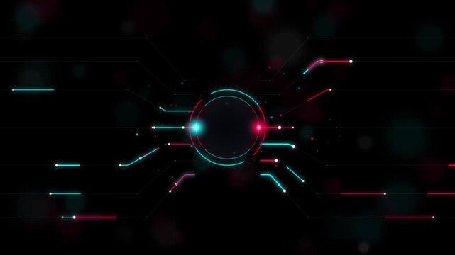 Futuristic digital network interface with glowing neon circuits on dark abstract background.