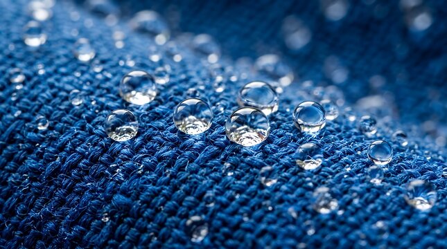 Macro Capture of Glistening Clear Moisture Beads Resting on a Textured Cobalt Hydrophobic Textile Surface water droplets blue waterproof fabric material repellent hydrophobic rain drops wet moisture