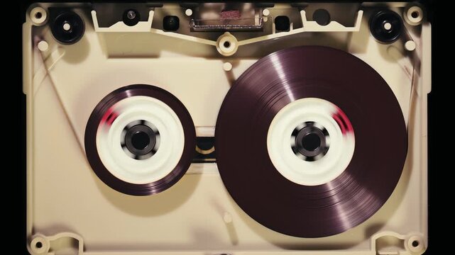 Close-up of dismantled audio cassette mechanism spinning fast during forward or rewind loop playback.