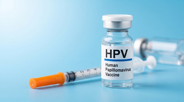 HPV Vaccine Vial with Injection Syringe on Blue Background