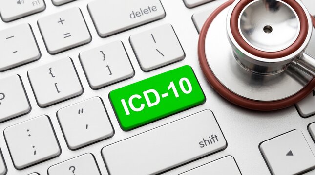 Stethoscope on Computer Keyboard with Green ICD-10 Key for Medical Coding