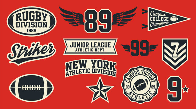 Vintage American Campus Rugby Athletic Stamp Badge Vector Set for Sports Team Branding, Junior League Football Identity, New York Division Championship Logo and Apparel Print Graphics