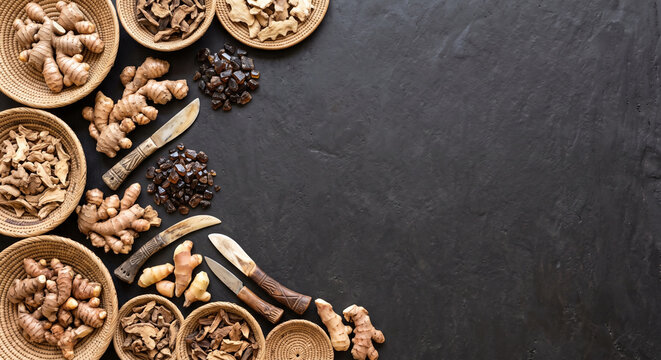 Top down view of African Wild Ginger roots and Zulu palm basket on dark clay.