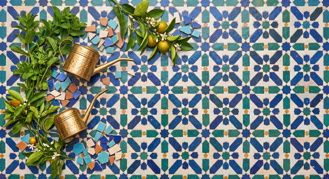Overhead flat lay of Moroccan spearmint and bitter orange tools on Zellij tile