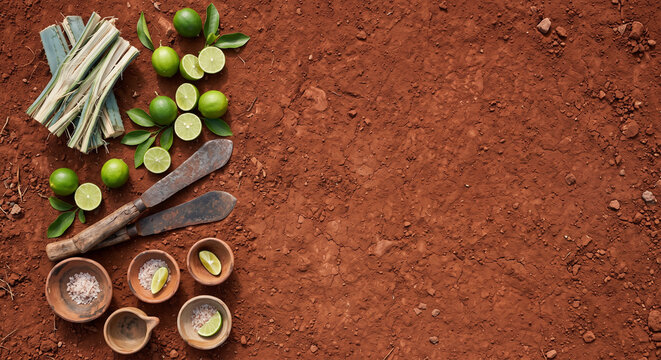 Cinematic flat lay of Mexican Blue Agave core and harvesting coa on red clay