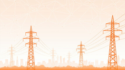 Obraz premium High voltage transmission tower scene with orange electric line and urban skyline in soft abstract background